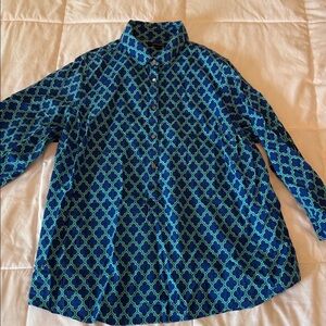 Lands' End Blue and Teal Geometric Button-Up Blouse